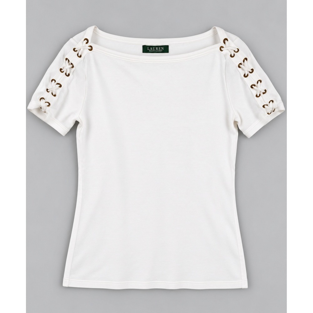 Lauren Ralph Lauren Womens White Lace Up Shoulder Boatneck T-Shirt Size M